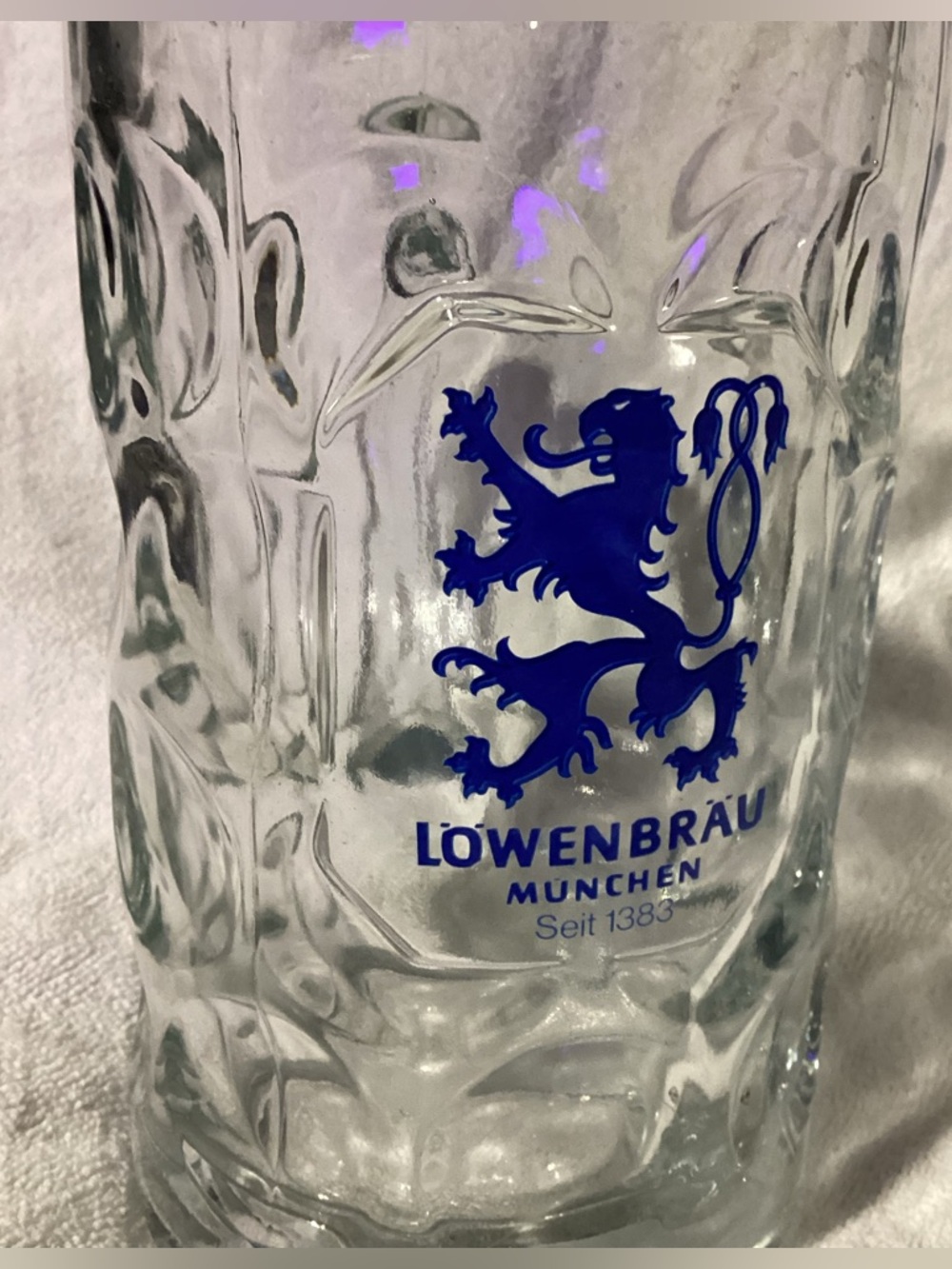 Vintage Lowenbrau Munchen One Liter Heavy Dimpled Beer Glass Stein Mug Tankard